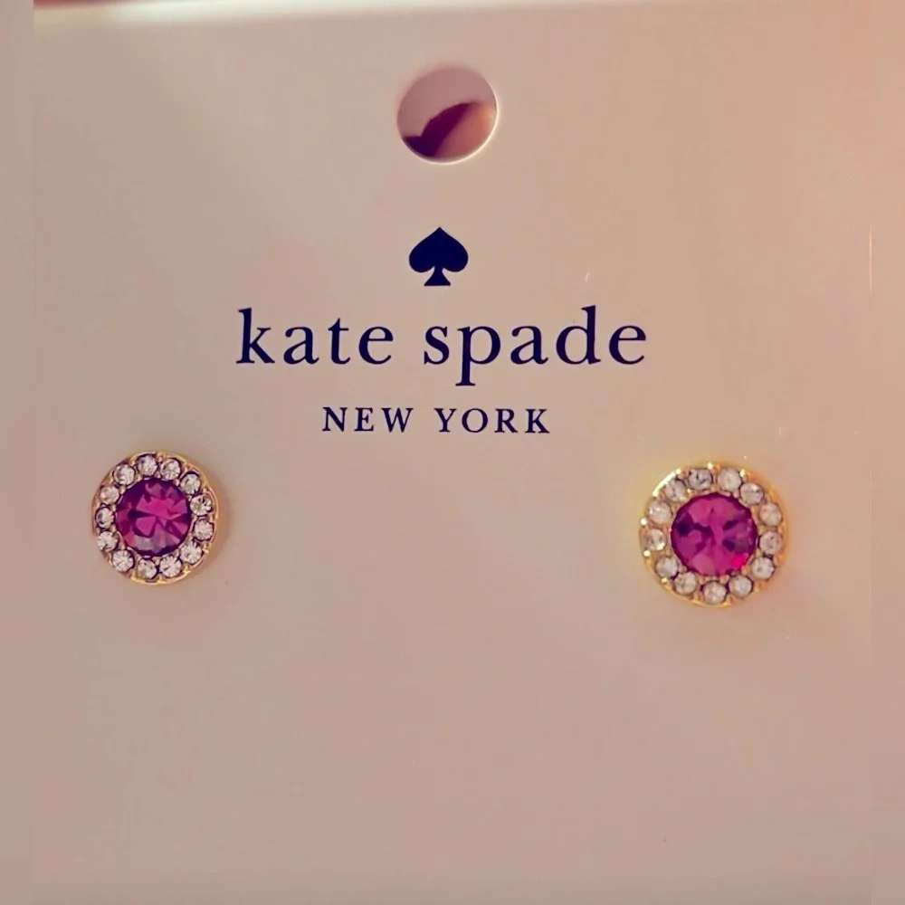 Late Spade “You're A Gem” Pink and Gold Stud Pave Halo Stud earrings w/dust bag - Picture 5 of 6